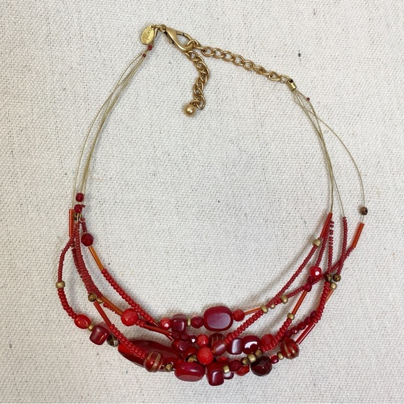 Chicos Red Gold Glass Beaded Multi strand Necklace - Picture 6 of 7